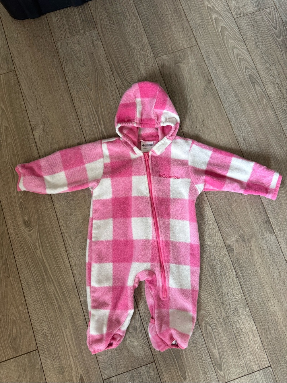 Columbia Pink and White Check Hooded Fleece One-Piece Footie
